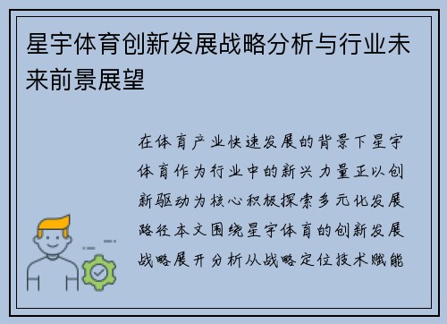 星宇体育创新发展战略分析与行业未来前景展望