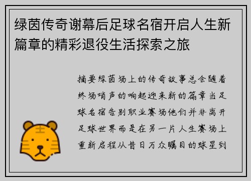 绿茵传奇谢幕后足球名宿开启人生新篇章的精彩退役生活探索之旅 绿茵传奇谢幕后足球名宿开启人生新篇章的精彩退役生活探索之旅